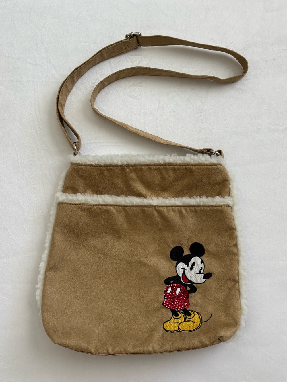 Disney Mickey Mouse Tan Faux Suede Sherpa Trim Adjustable Crossbody Bag
